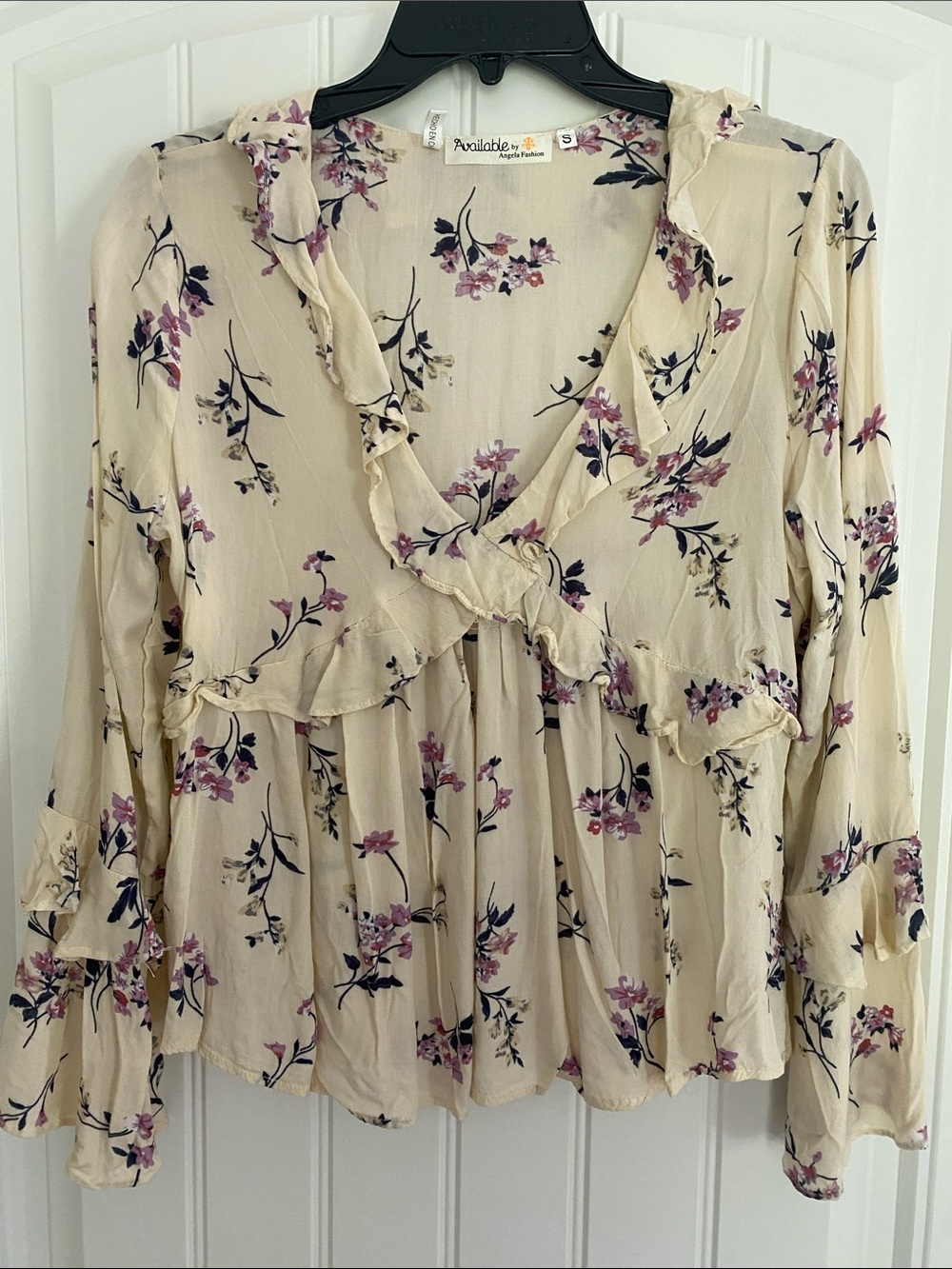 Floral Ruffle V-Neck Blouse - Cream with Purple Floral